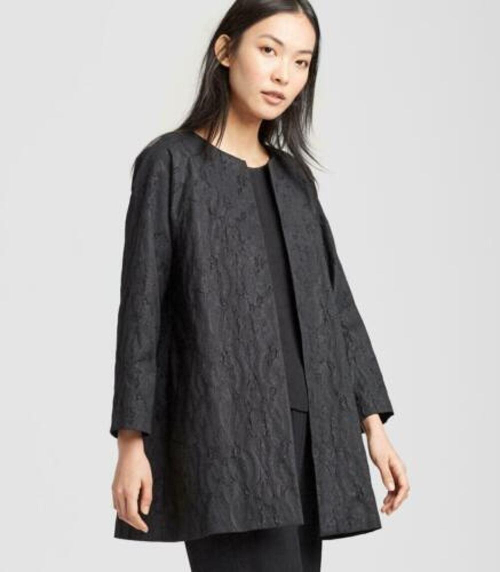 EILEEN FISHER Black Shimmer Jacquard Long Open-Front Jacket // M
